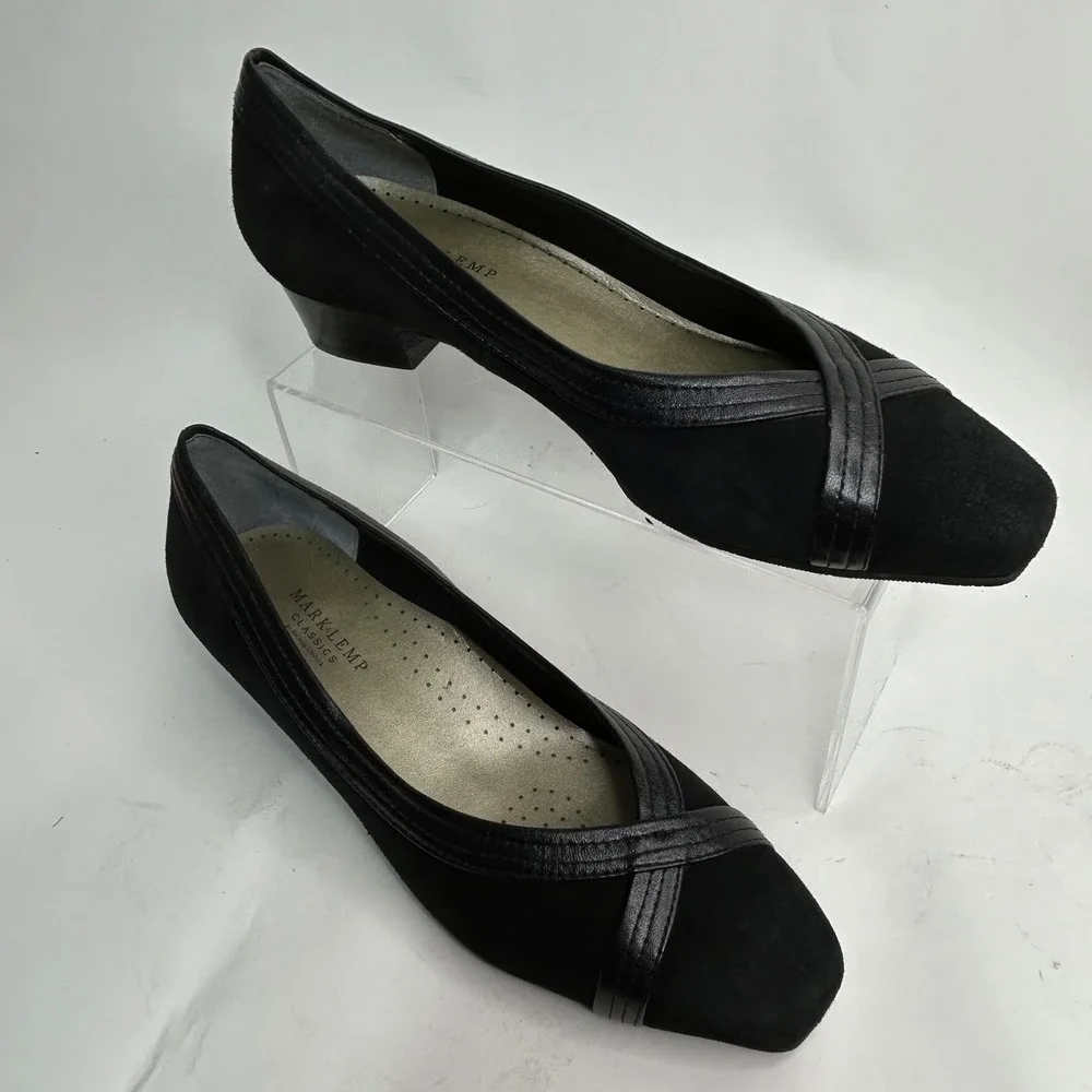 Mark Lemp Classics Walking Cradles Black Suede Leather Square Toe Pumps 10M